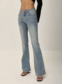 Poéselle 女式休闲水洗低腰修身喇叭裤 - Y2K 风格，百搭时尚，FW25 必备牛仔裤 - 中等水洗藍 - 查看 1