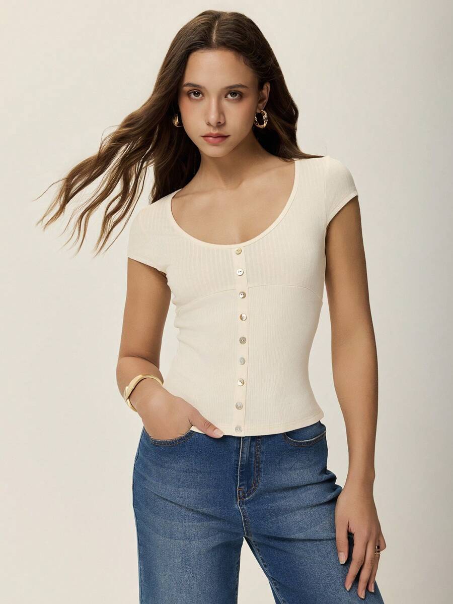 Poéselle 女式纯色前扣短袖简约休闲上衣，日常穿着 - 米色 - 查看 1