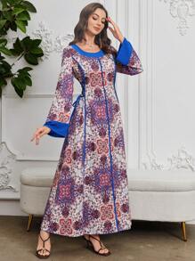 Al Najma Vestido midi casual de mujer con estampado y cintura con lazo, minimalista y de moda para el uso diario