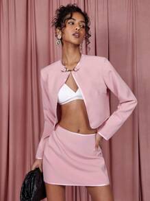 COSMINA 2 件女式纯色长袖夹克和 A 字裙，简约时尚休闲日常穿着 - 藕粉色 - 查看 6