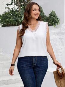 EMERY ROSE Plus Size Women Sleeveless Lace Patchwork Casual Top,Vacation Outfits Woman,Boho For Women - White - View 5