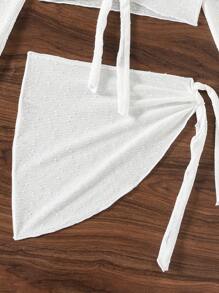 Swim Mod 2 件套女士海滩度假装：长袖纹理针织纯色罩衫，配有前系带和迷你沙滩裙，泳衣罩衫 - 白色 - 查看 6