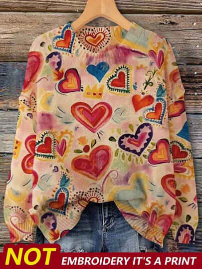 SHEIN LUNE Suéter delgado con diseño de corazón para mujer de talla grande, regalo de San Valentín/Día de San Valentín/San Valentín/San Valentín en otoño/invierno