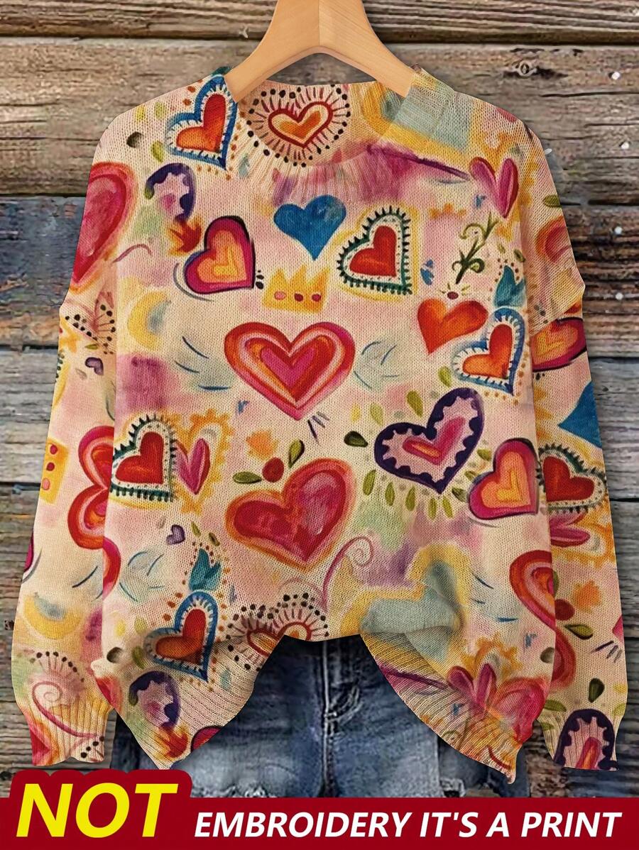 SHEIN LUNE Áo chui đầu mỏng thiết kế hình trái tim cỡ lớn dành cho nữ, Quà tặng ngày lễ tình nhân/Lễ tình nhân/Lễ tình nhân/Lễ tình nhân vào mùa thu/đông - Màu be - Xem 1