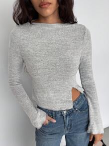 Siren Gaze 女士返校衬衫修身衬衫灰色罗纹针织不对称开叉下摆喇叭袖圆领休闲 T 恤秋季 - 灰色 - 查看 3