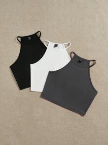 SHEIN EZwear 3 件套女士黑色、白色、灰色休闲吊带背心，适合夏季 - 彩色 - 查看 3