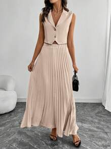SHEIN Clasi Solid Color Minimalist Sleeveless Vest And Pleated Skirt 2 Pieces Set