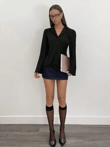SHEIN Essnce Elegant Sexy Black Blouse, Suitable For Work, Casual, Travel, Date, Sexy - Black - View 4