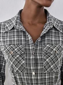 Chiquease Camisa híbrida xadrez de manga comprida com padrão geométrico multicolorido e gola, bolsos, botões de metal, linha A extra larga, vestido casual simples estilo britânico retrô para estudantes, primavera/outono - Cinza - Ver 5