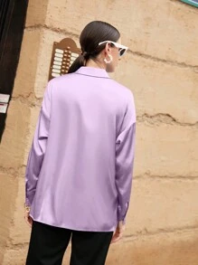 Mulvari Kemeja Lengan Panjang Polos Minimalis untuk Wanita, Cocok untuk Perjalanan Santai di Musim Gugur - Purple - View 2