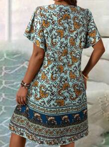 EMERY ROSE Trang phục bãi biển Boho cỡ lớn cho phụ nữ, cổ chữ V, in họa tiết cổ điển, tay bèo nhún, váy nghỉ lễ mùa hè - Màu xanh nhạt - Xem 2