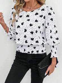 SHEIN LUNE Spring Women Outfits Valentine's Day Spring Valentine's Day Heart Print Lantern Sleeve Women's Blouse - Multicolor - View 5