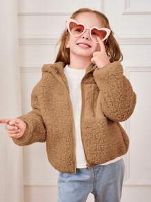 Cozy Pixies 女童厚款撞色连帽长袖开衫 - 駝色 - 查看 6