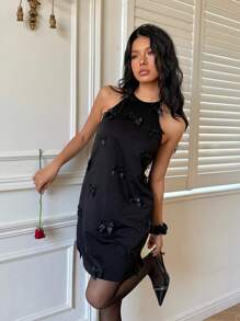 SHEIN Essnce Rochie mini de vară pentru femei, culoare solidă, cu mâneci lungi, din crep elastic, cu funde, decoratiune cu funde, rochie mini casual simplă, rochie de vacanță de Ziua Îndrăgostiților, rochie de petrecere de Anul Nou, rochii de ziua de naștere pentru femei, rochii negre pentru femei, rochie de Ziua Îndrăgostiților - Negru - Vizualizare 4