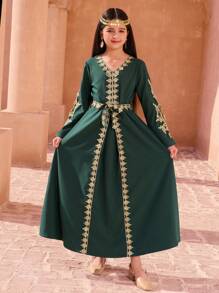 Tween Girl Patchwork Metallic Yarn Knit Dress - Green - View 7