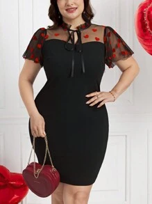 Ellevyn Plus Size Elegant Valentine's Day Heart Mesh & Flocked Patchwork Fitted Dress Outfit