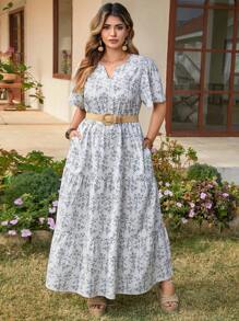 SHEIN LUNE Vestido casual de manga corta con escote en V con estampado integral para mujer de talla grande. Vestido de verano bohemio y boho, atuendos de verano "Old Money", atuendos de primavera y verano para festival y spring break - Multicolor - Ver 4