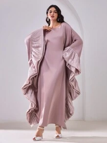 Al Najma Elegante effen Arabische jurk met ruches en vleermuismouwen voor dames, bescheiden
