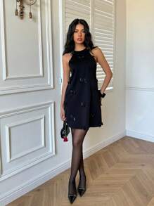 SHEIN Essnce Rochie mini de vară pentru femei, culoare solidă, cu mâneci lungi, din crep elastic, cu funde, decoratiune cu funde, rochie mini casual simplă, rochie de vacanță de Ziua Îndrăgostiților, rochie de petrecere de Anul Nou, rochii de ziua de naștere pentru femei, rochii negre pentru femei, rochie de Ziua Îndrăgostiților - Negru - Vizualizare 8