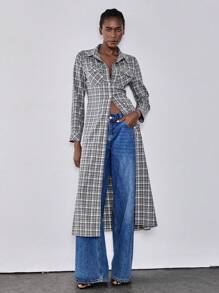 Chiquease Camisa híbrida xadrez de manga comprida com padrão geométrico multicolorido e gola, bolsos, botões de metal, linha A extra larga, vestido casual simples estilo britânico retrô para estudantes, primavera/outono - Cinza - Ver 1