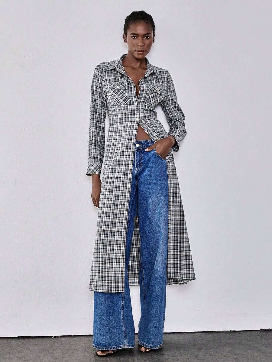 Chiquease Camisa híbrida xadrez de manga comprida com padrão geométrico multicolorido e gola, bolsos, botões de metal, linha A extra larga, vestido casual simples estilo britânico retrô para estudantes, primavera/outono - Cinza - Ver 1