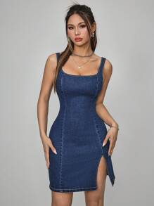 SHEIN PETITE 女式简约宽肩带修身短款开衩牛仔连衣裙 - 藍色 - 查看 1