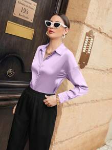 Mulvari Kemeja Lengan Panjang Polos Minimalis untuk Wanita, Cocok untuk Perjalanan Santai di Musim Gugur - Purple - View 3