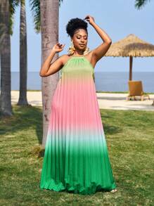 Slaydiva 大码女式渐变色褶皱宽松领带夏季度假连衣裙