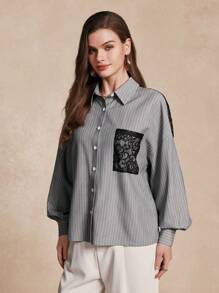 SHEIN Unity 女士条纹撞色蕾丝衬衫，休闲时尚，适合日常穿着 - 灰色 - 查看 6