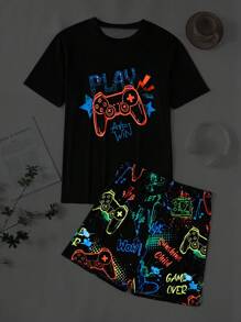 SHEIN 2 Piece Sets Snug Fit Night Wear Kids 2pcs Glow-In-The-Dark Video Game Print Men's Pajamas Set, Casual Comfortable Short Sleeve Shirt And Shorts, Sleepwear Sets (1 Set Is Sold Separately) .This Product Requires UV Light Exposure To Glow.