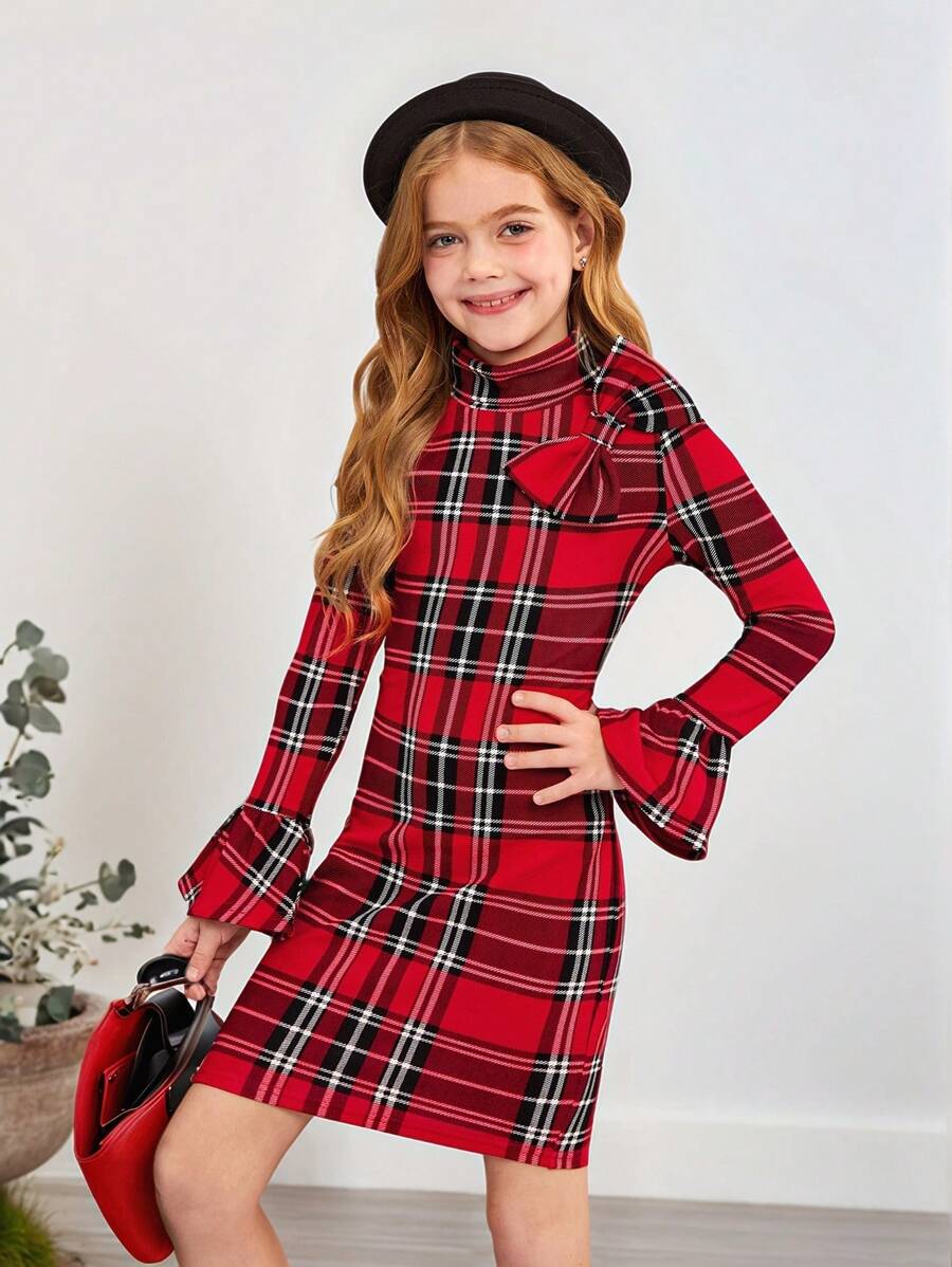 SHEIN Cô gái Tween 1 Miếng In kẻ sọc Nơ mặt trước tay áo lá sen Đầm Đối với Giáng sinh - Đỏ - Xem 1