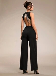 SHEIN BAE 女式纯黑色无袖连体裤，带水钻链、流苏细节、露背、阔腿、优雅连体裤，适合晚礼服、浪漫约会、伴娘、情人节 - 黑色 - 查看 3