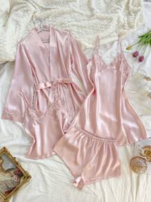 SilkySpell 4pcs Set: Embroidered V-Neck Faux Silk Slip Dress, Camisole With Shorts, And Robe, Pink Pajamas Set, Fall Clothes
