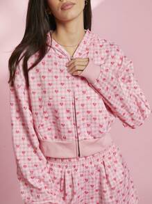 WESTFADE 春季羊毛格子格子心形图案全身印花拉链前长袖短款运动衫连帽衫 - 粉色 - 查看 2