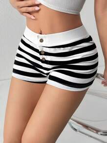 SHEIN PETITE Black & White Striped Casual Low Waist Shorts