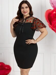 Ellevyn Plus Size Elegant Valentine's Day Heart Mesh & Flocked Patchwork Fitted Dress Outfit