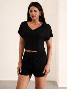 Hanevo 2pcs Women's Solid Color V-Neck Short Sleeve Top And Shorts Casual Suit Sportwear For Daily Wear