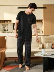 CoupledUp Men's 2pcs Home Wear Suit, Casual Loungewear Set, Top + Bottom, Minimalist And Fashionable For Daily Wear - Black - View 7