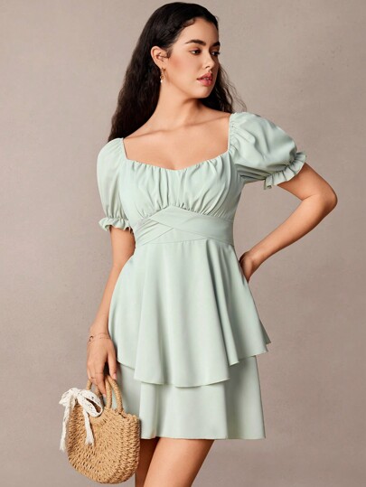 Sweetheart Neck Layered Hem Milkmaid Dress,Sage Green Dress Summer