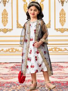 DRMZ 2pcs/Set Young Girl Woven Mesh Cardigan & Sleeveless Ditsy Floral Dress,Autumn,Sisters Sibling Outfits For Festivals & Special Events - Multicolor - View 3