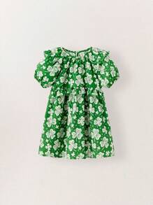 THE HAPPY LOOK Young Girls Vacation Casual Lucky Clover Print Puff Sleeve Dress