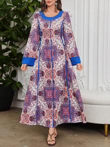 Al Najma Vestido midi casual de mujer con estampado y cintura con lazo, minimalista y de moda para el uso diario