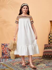 Tween Girl Casual Elegant Color Blocking Loose Fitting Dress - Multicolor - View 1