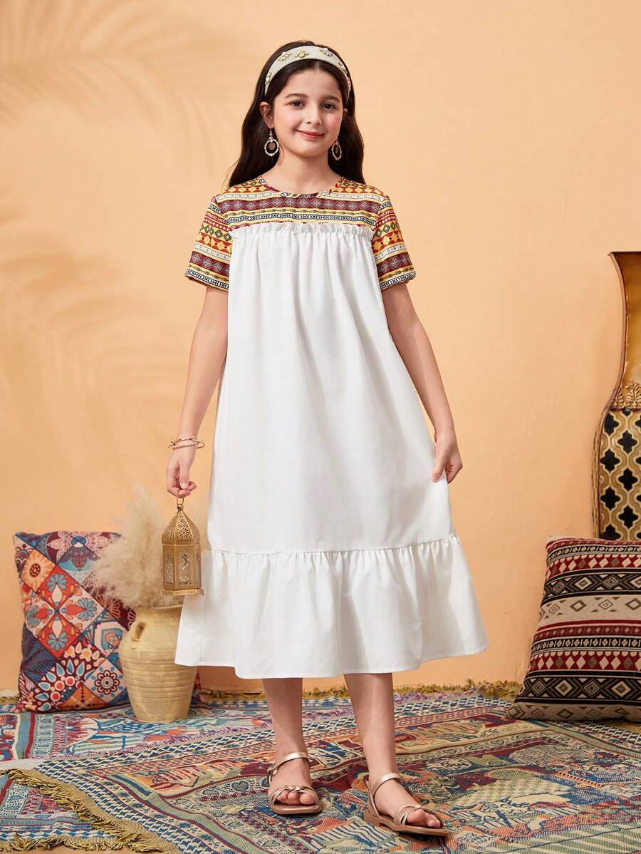 Tween Girl Casual Elegant Color Blocking Loose Fitting Dress - Multicolor - View 1