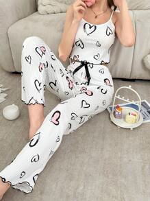 Bow Decor Waistband, Heart Print Cami And Long Pants Pajama Set Bowknot