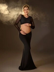 SHEIN Maternity Solid Color Minimalist Top And Skirt Outfit, Casual Style Photography Set - Black - View 3