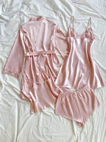 SilkySpell 4pcs Set: Embroidered V-Neck Faux Silk Slip Dress, Camisole With Shorts, And Robe, Pink Pajamas Set, Fall Clothes