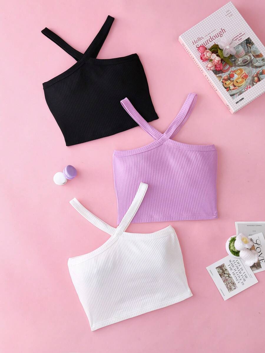 3pcs/Set Tween Girls' Solid Color Camisole Tops, Comfy Soft Cotton Cami In Black, Purple And White - Multicolor - View 1