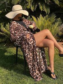 DAZY Leopard Print Loose Long V-Neck Long Sleeve Belted Casual Summer Shirt For Women