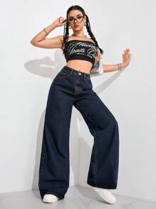 SHEIN ICON Women Front Button Pocket Casual Denim Jeans, Simple & Everyday Wear - Dark Wash - View 5
